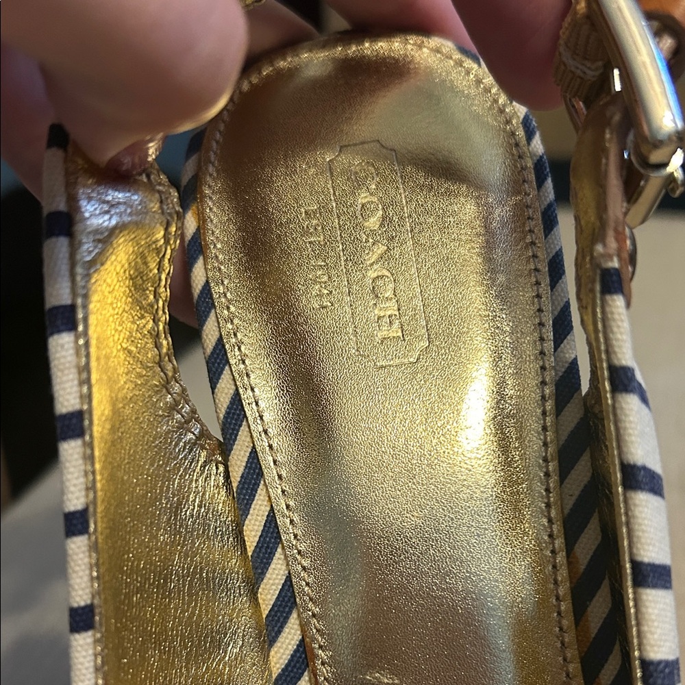 Coach Peep-Toe Navy Striped Slingback Heels, Size 9B - Picture 6 of 10